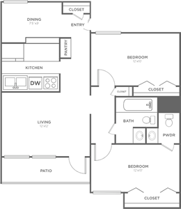 B1 - Two Bedroom / 1.5 Bath floor plan