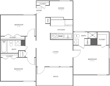 D1 - Three Bedroom / Two Bath floor plan